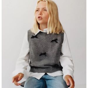 ZARA Girls Layered Grey Sweater Vest Poplin Shirt Set Velvet Bow NWT 13-14 164cm